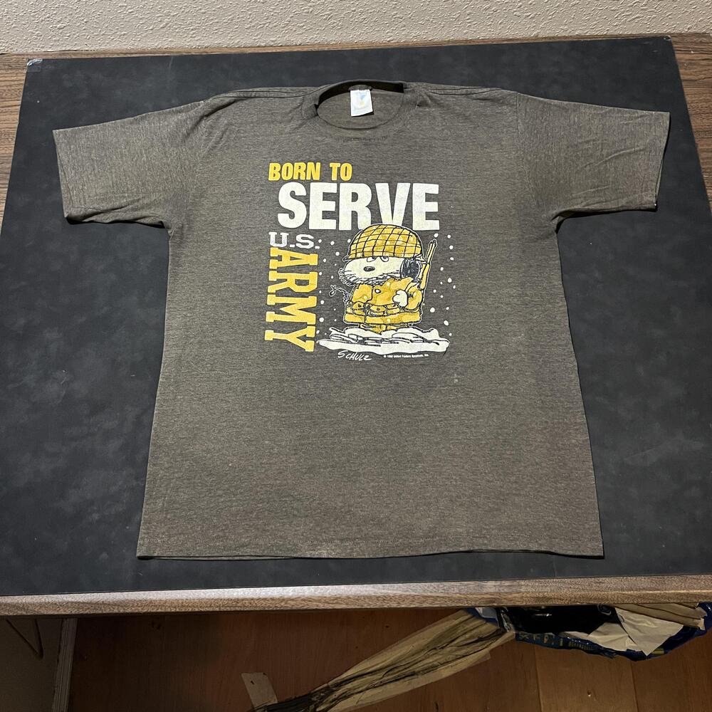 Vintage Snoopy Peanuts Born To Serve US Army Shirt 1980s USMC Marines Air Force